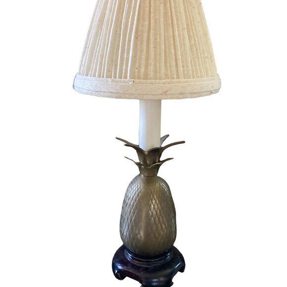 Andrea by Sadek Brass Mini Wood Base Pineapple Lamp with Shade 11.5 in - Picture 1 of 13